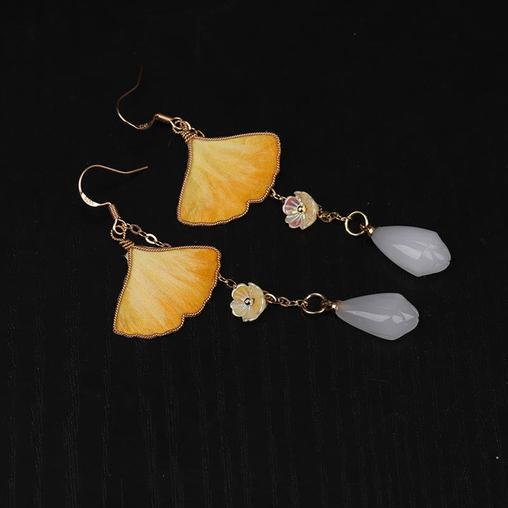 Ohrringe Ginkgo Kupfer Seide – Glück gelbe Blätter Blüten Tropfen Boho