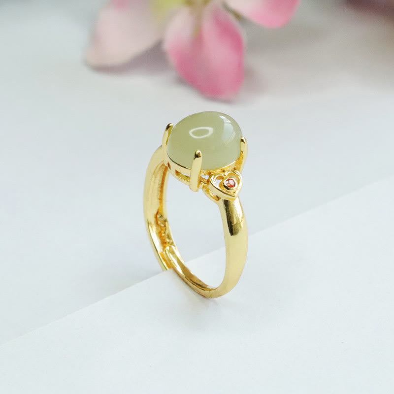 Kupfer Ring mit grünem Hetian Jade Herz Glück Fengshui Schutz
