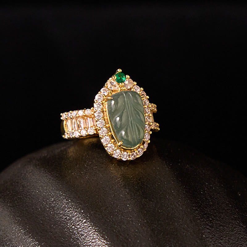 Ring Kupfer Vergoldet Jade Blatt Glück mit grünen Steinen