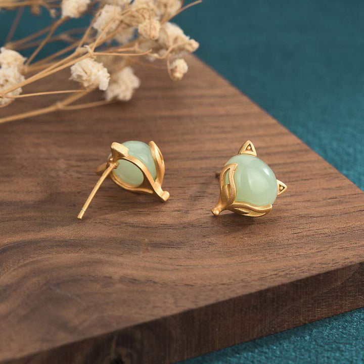 Ohrringe Jade Kupfer Glück Fuchs Ohrstecker Boho Schmuck spirituell Naturstein