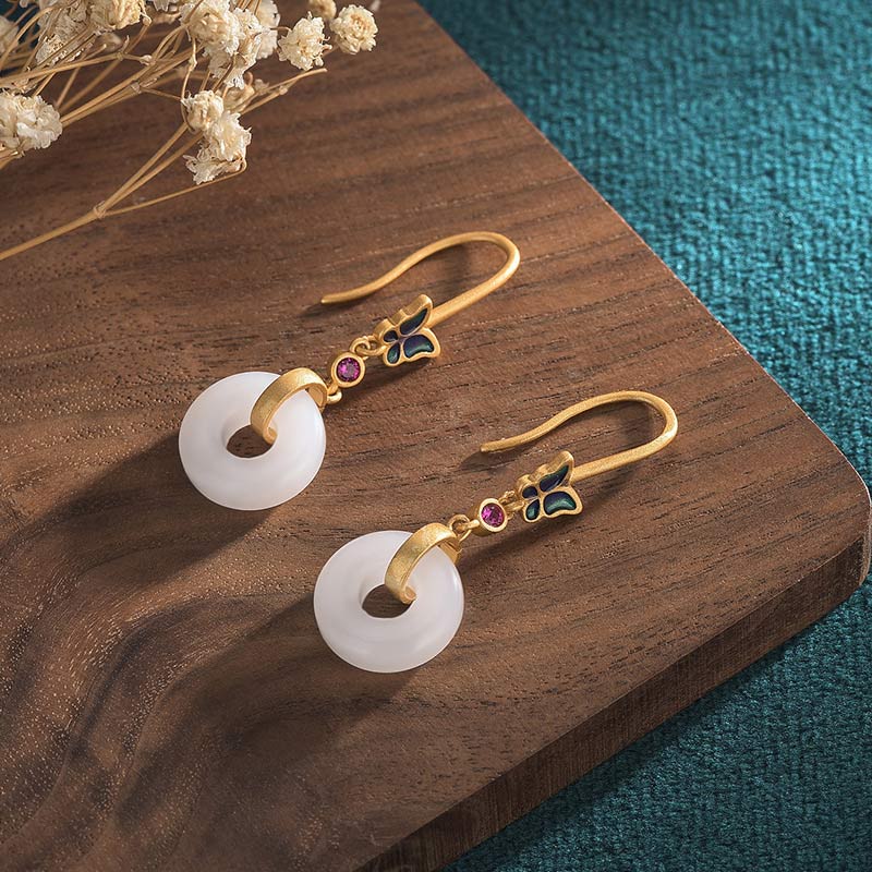 Ohrringe Jade Schmetterling Kupfer weiße Donut Boho Schmuck Ohrhänger spirituell