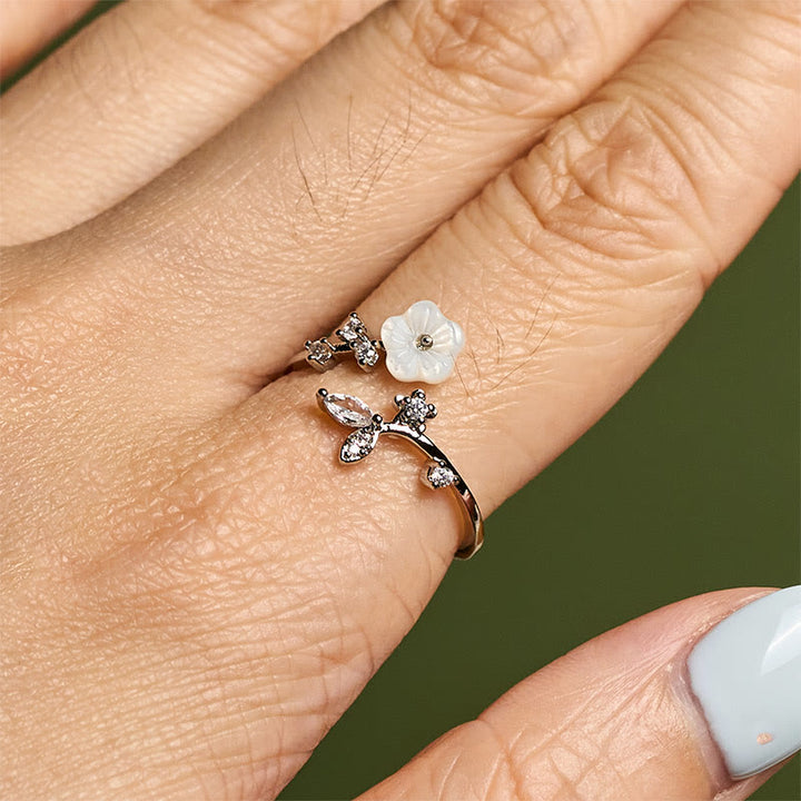 Silberner Ring mit weißer Blume Kupfer Heilung Schutz Fengshui