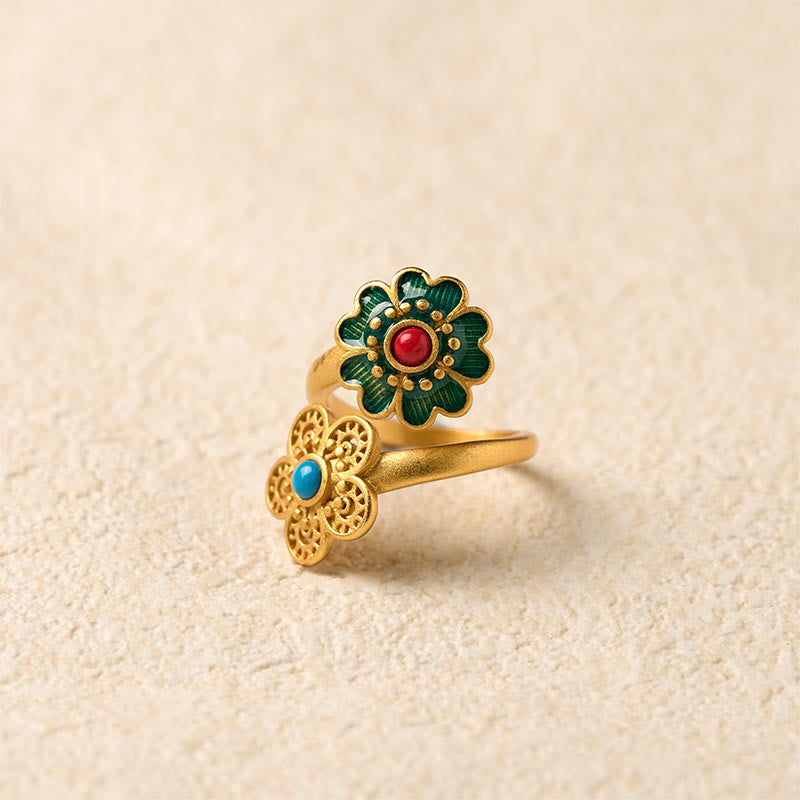 Ring Kupfer Türkis Doppelblüte – Wohlstand Glück Fengshui Schmuck