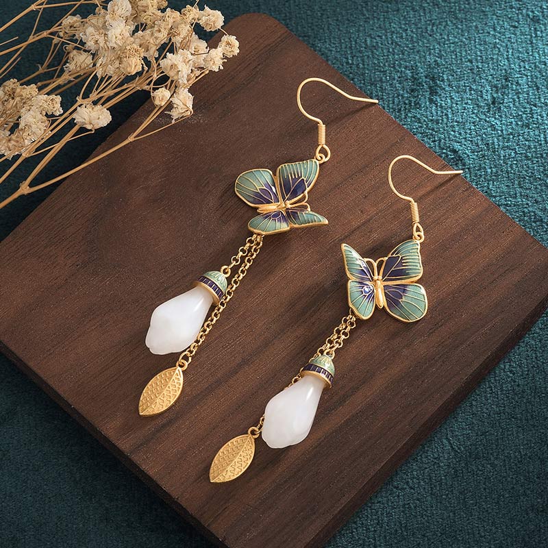 Ohrringe Weiße Jade Kupfer – Glück Schmetterling Boho Ohrhänger spirituell
