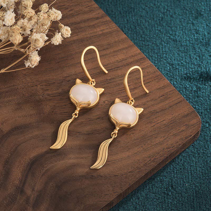 Ohrringe Weiße Jade Fuchs Kupfer Holz Boho Schmuck spirituell Ohrhänger
