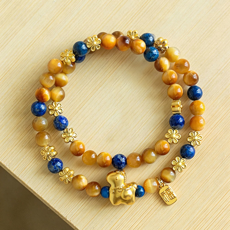 Armband Lapislazuli Tigerauge Fu-Zeichen goldene Blüten Glücksbringer Handgelenk Schmuck
