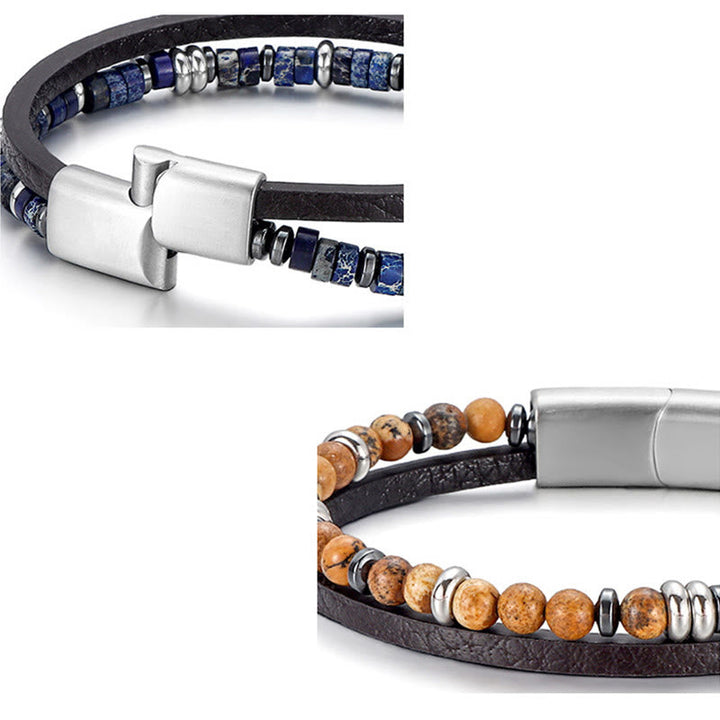 Armband Lapislazuli Tigerauge – Balance mit Leder Edelstahl Magnetverschluss Detailansicht