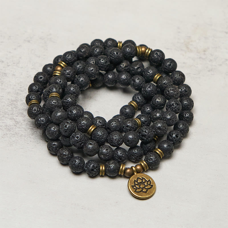 Armband Lavastein Lotus Heilung schwarze Perlen Mala Anhänger Handgelenk