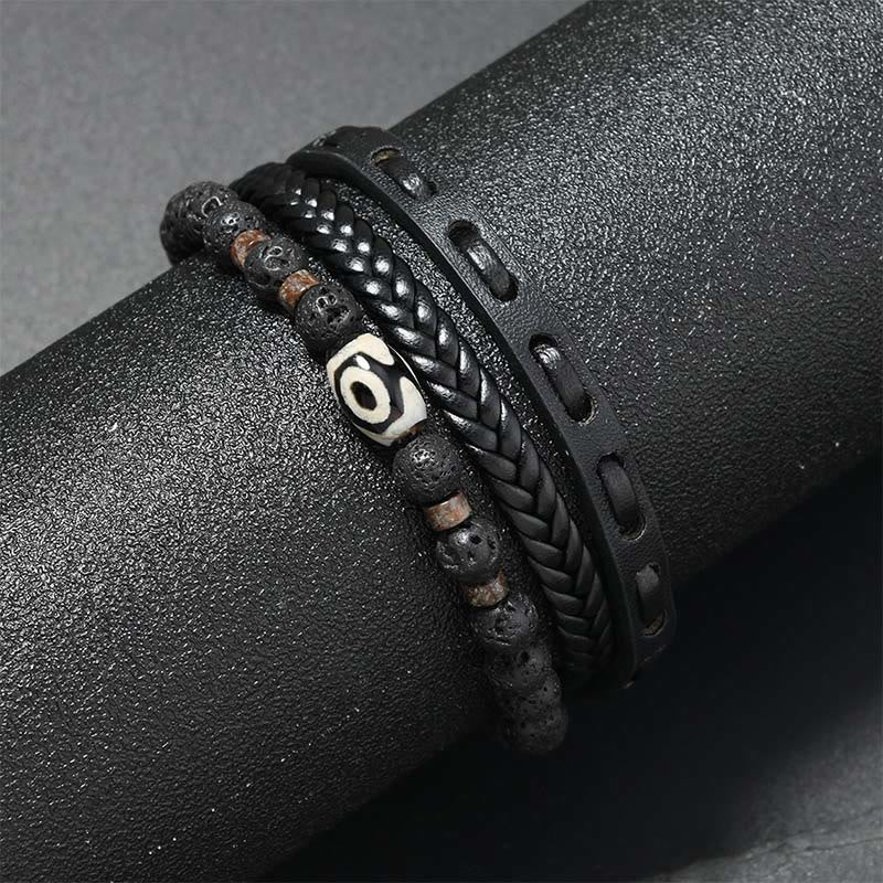 Armband Lavastein Wohlstand mit Dzi Auge und Leder Schutz Handgelenk