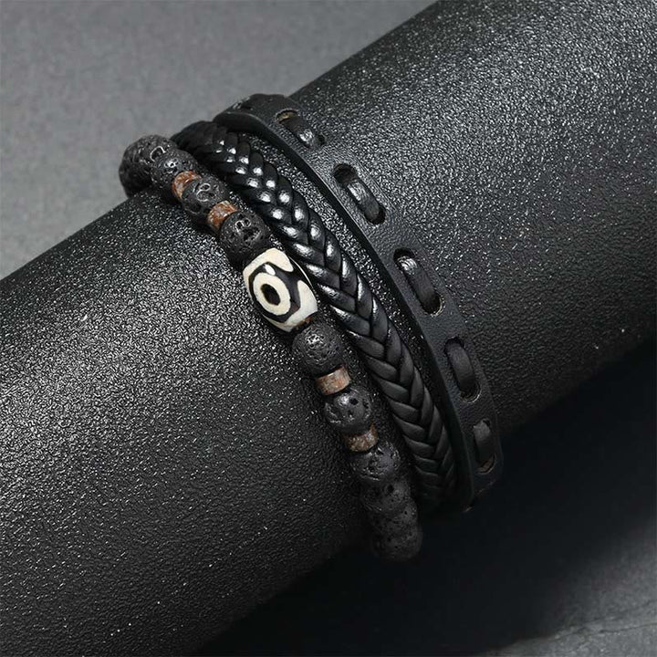 Armband Lavastein Wohlstand mit Dzi Auge und Leder Schutz Handgelenk
