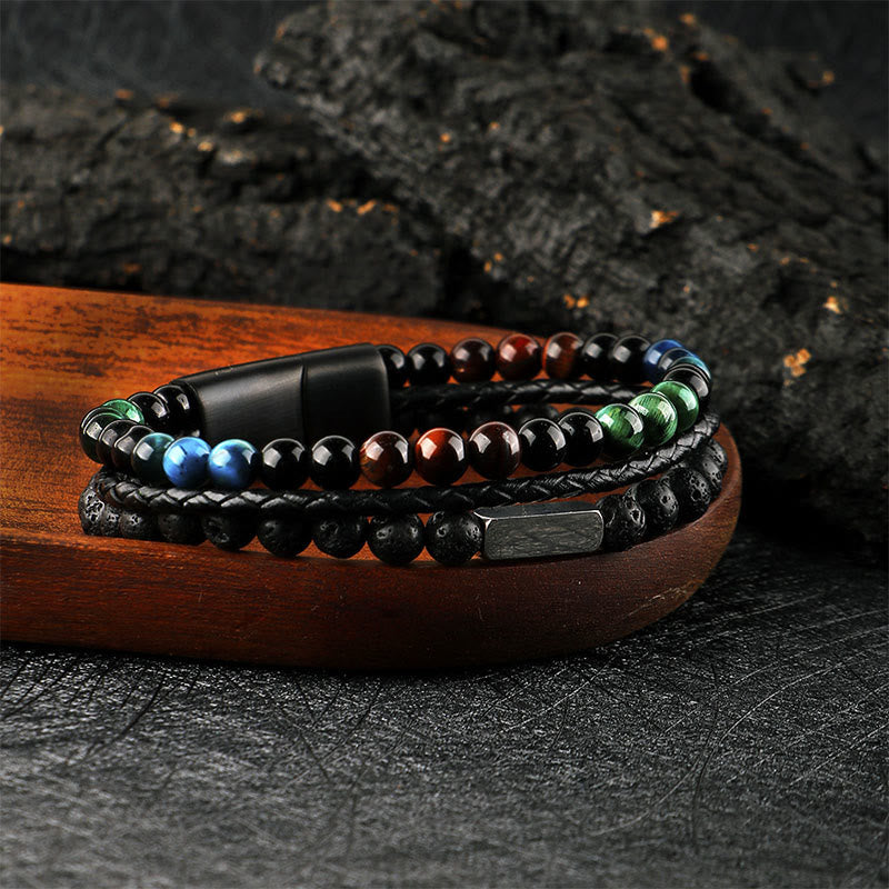 Armband Lavastein Tigerauge – Stärke aus Leder mit Magnetverschluss am Handgelenk