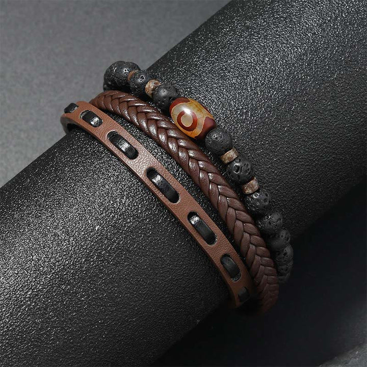 Armband Lavastein Wohlstand Leder geflochten Dzi Perle Handgelenk Schutz Energie
