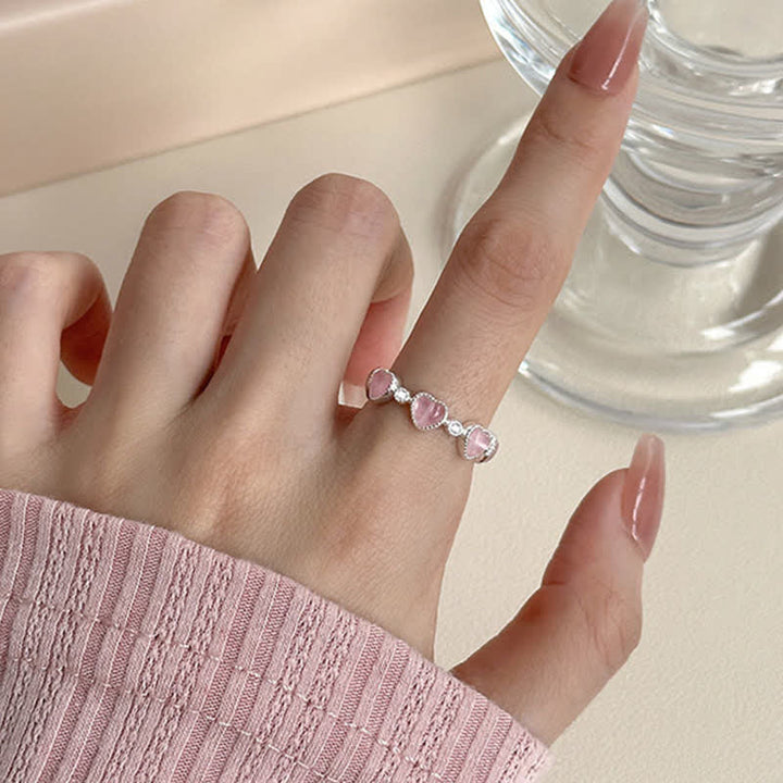 925er Silber Ring mit rosa Katzenauge Steinen Liebe Herz