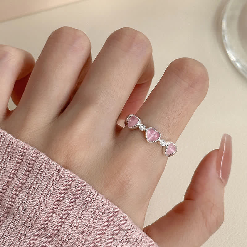 Ring 925 Silber Rosa Katzenauge Herz Liebe getragen Finger