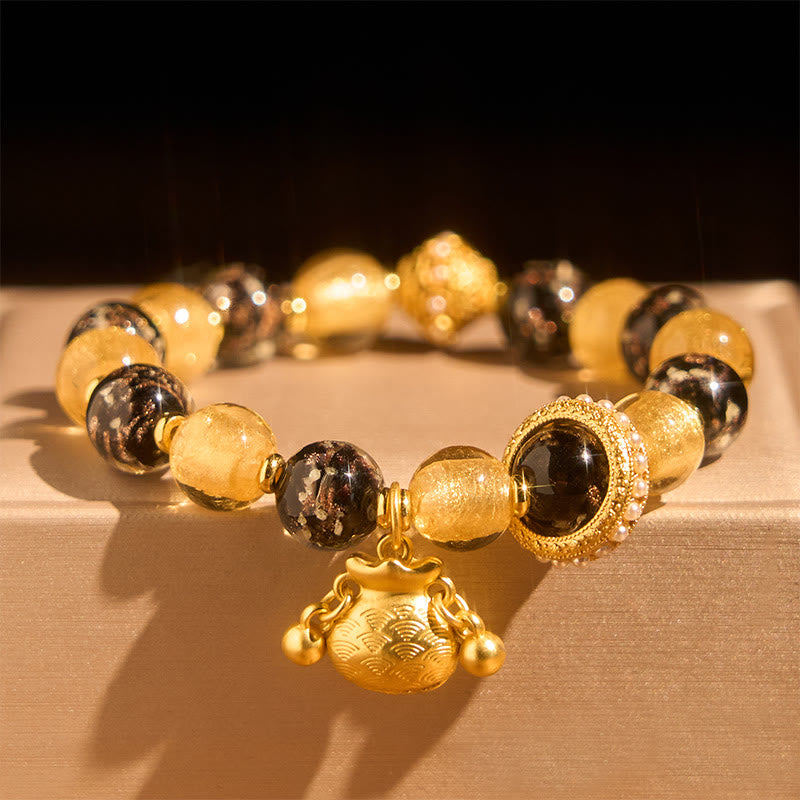 Armband Liuli Fu-Zeichen – Segen goldene Perlen schwarz Glücksbeutel Anhänger Schmuck