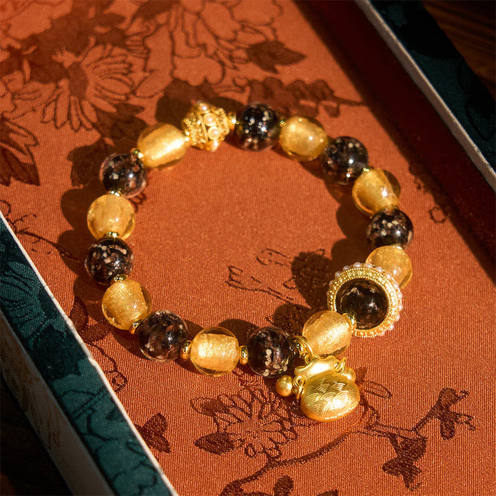 Armband Liuli Fu-Zeichen – Segen goldene Perlen Anhänger Geschenkbox Schmuck