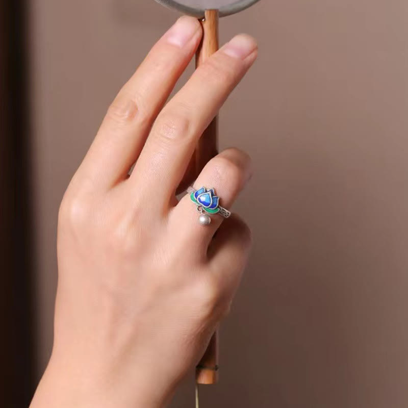 Blauer Ring Lotus mit Perle Fengshui Glück Schutzring