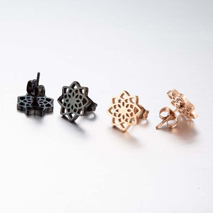 Lotus Ohrringe tibetisch Neubeginn Ohrstecker schwarz roségold Schmuck spirituell