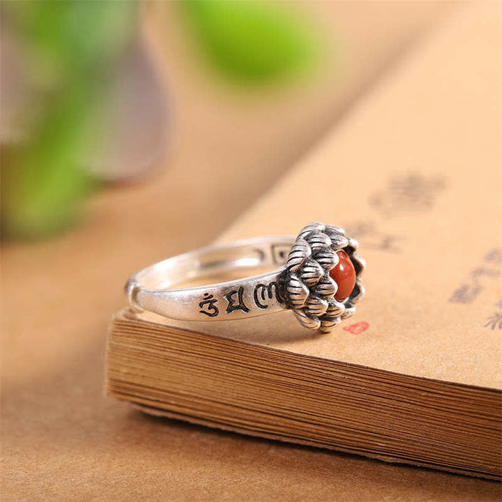 Ring 925 Silber mit Achat Lotus Gravur Buddha Schutz Meditation