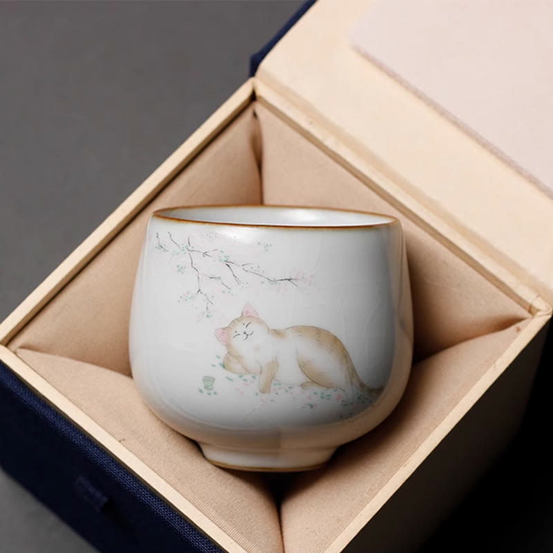 Lustige Teetasse Katze Zweige Keramik Deko