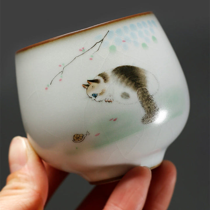 Lustige Teetasse Katze Zweige Keramik Matcha
