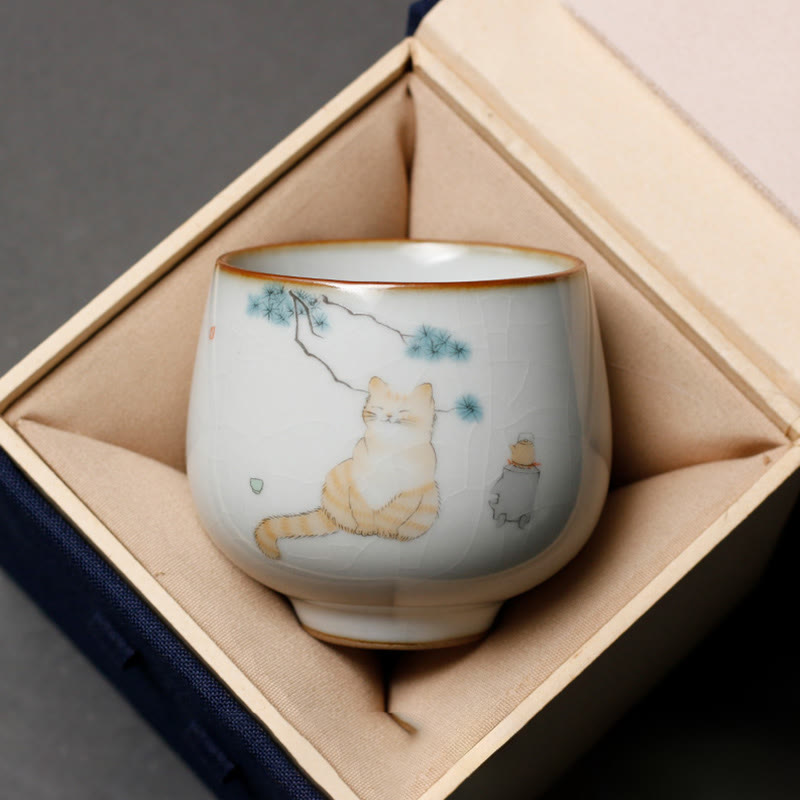 Lustige Teetasse Katze Zweige Keramik Porzellan