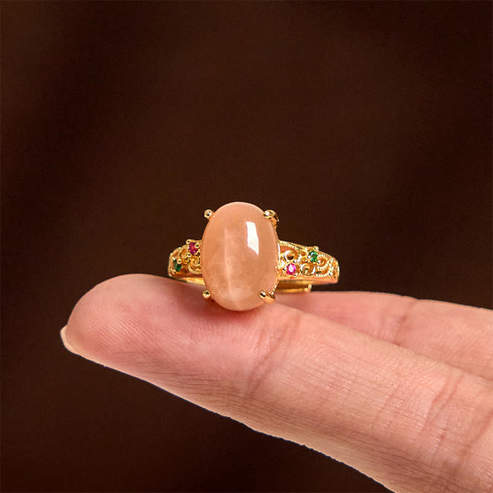 Pfirsich-Mondstein Ring Rebe vergoldet mit Glück Fengshui Kraft Schmuck
