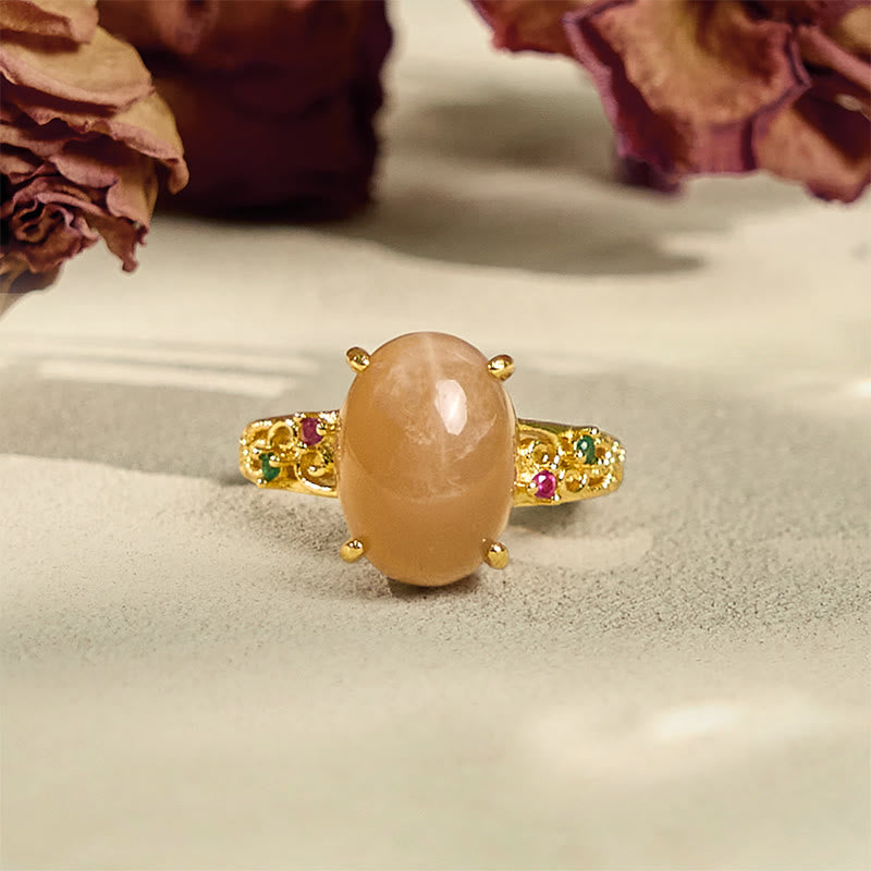 Ring Pfirsich-Mondstein Rebe Glück Gold mit bunten Edelsteinen Schmuck