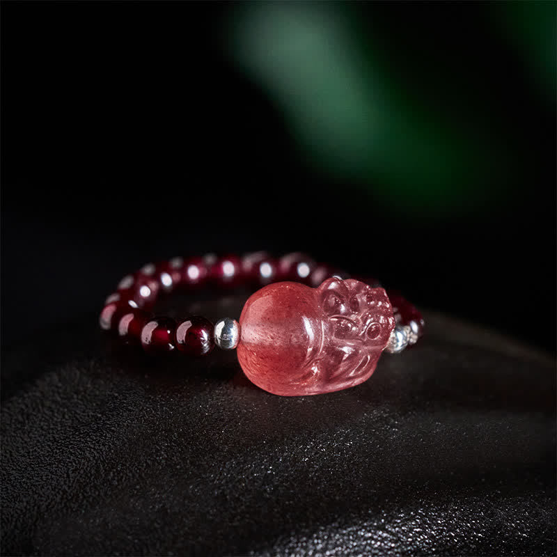 Roter Pixiu Ring mit Mondstein Turmalin Perlen Feng Shui Heilung