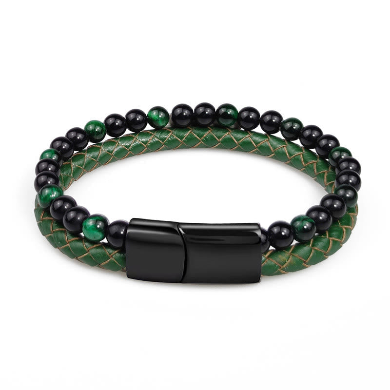 Armband Grünes Tigerauge Leder Stärke geflochten Edelstahl Magnetverschluss Handgelenk