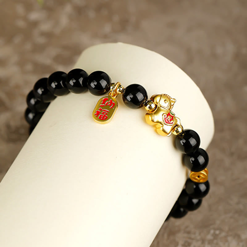 Armband Schwarzer Obsidian Stärke Pixiu goldener Anhänger Glück Schutz Handgelenk