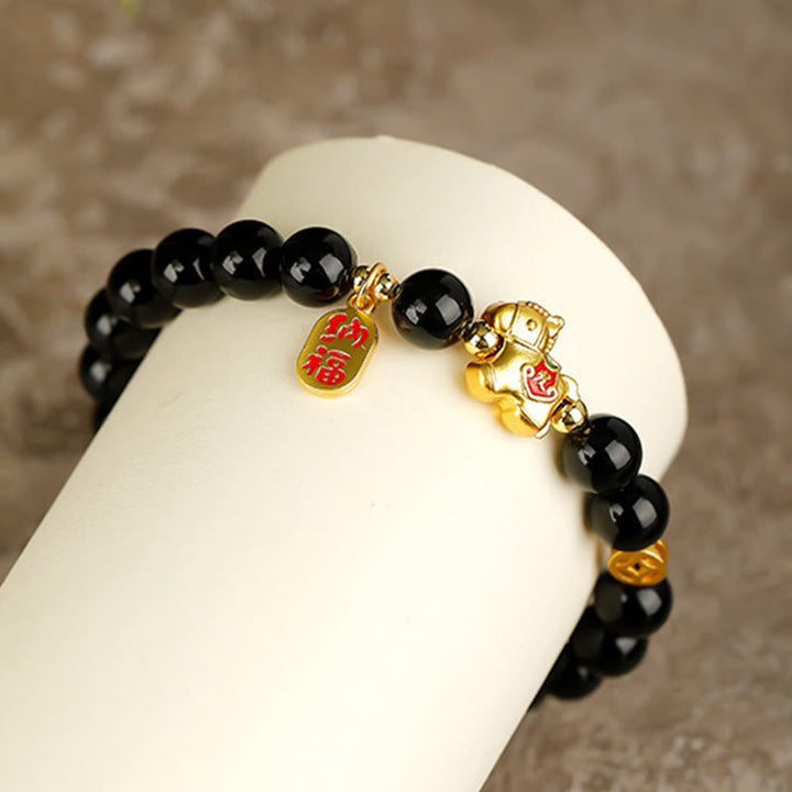 Armband Schwarzer Obsidian Stärke Pixiu goldener Anhänger Glück Schutz Handgelenk