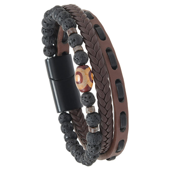 Armband Lavastein Wohlstand mit Leder Dzi Perle Magnetverschluss Herren Handgelenk