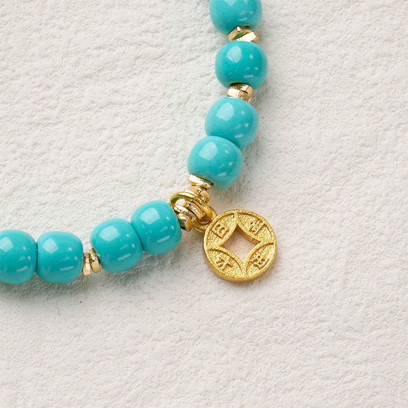 Armband Magnesit Kupferplattiertes Gold Buddha Kupfermünzen-Amulett türkis Perlen Glück Schutz