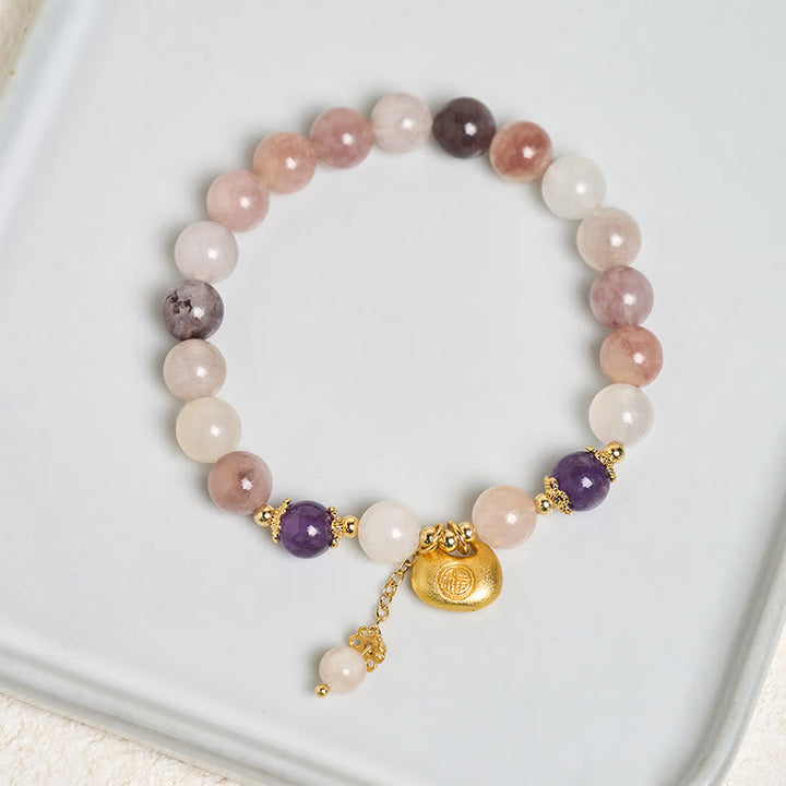 Armband Jade Fu-Zeichen rosa Amethyst Perlen goldener Anhänger Glück Handgelenk