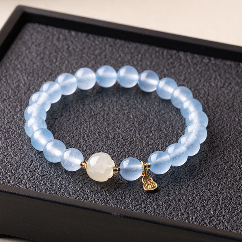 Armband Aquamarin Fu-Zeichen Glück Heilung Jade Perle goldener Anhänger
