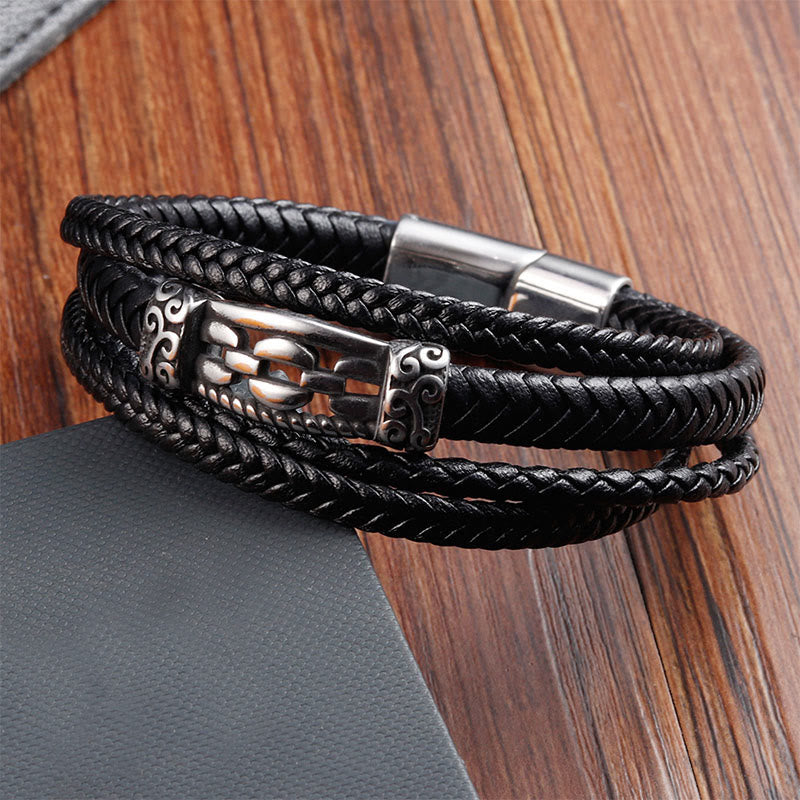 Schwarzes geflochtenes Leder Armband Balance mit Metallcharm Chain Link Schmuck