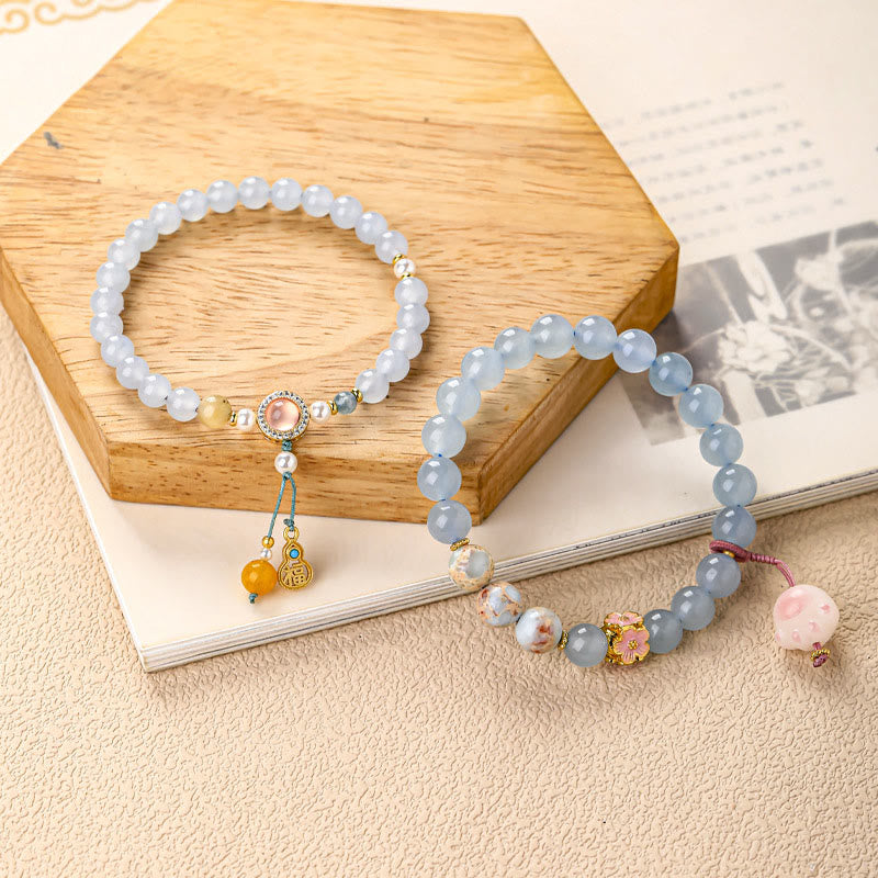Armband Chalcedon Fu-Zeichen Heilung Perlen Anhänger Kürbis Blüten Holz