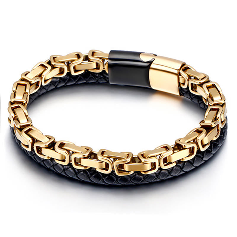 Armband Leder Link Chain Balance schwarz Gold Edelstahl Magnetverschluss Herren