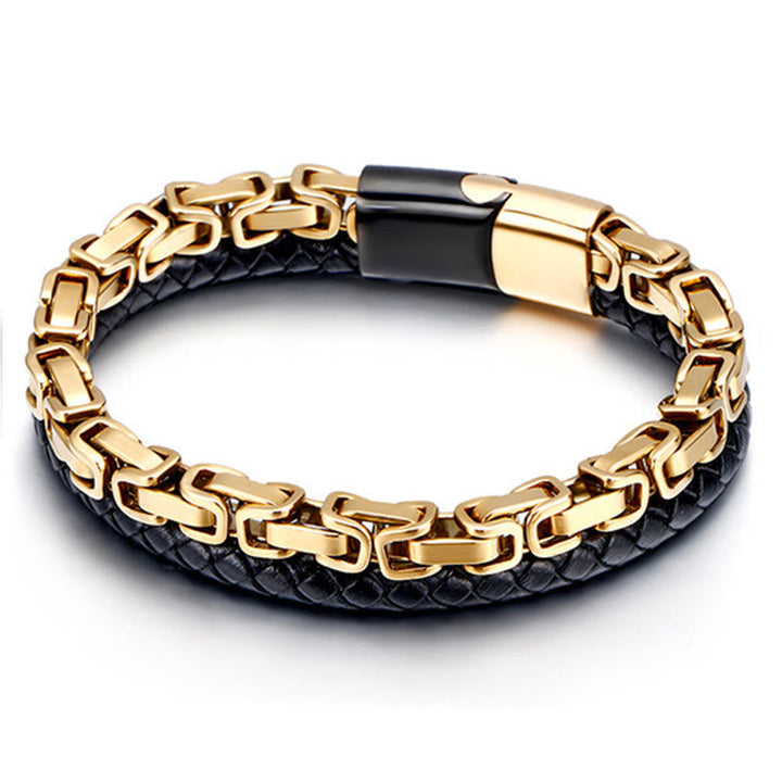 Armband Leder Link Chain Balance schwarz Gold Edelstahl Magnetverschluss Herren