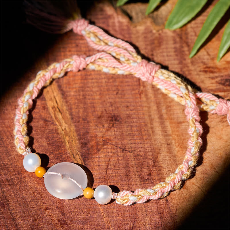 Armband Chalcedon Frieden Positivität geflochten rosa Perlen Donut Holz