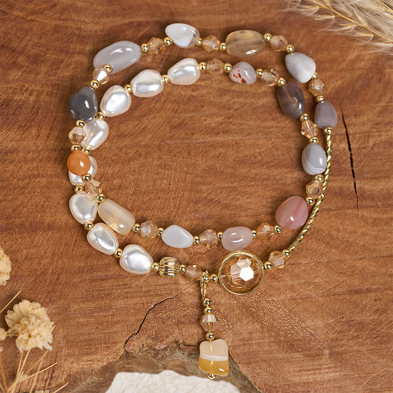 Armband Perle Glas Perlen Doppel mit Achat Mondstein auf Holz