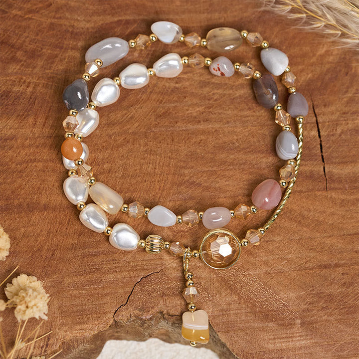 Armband Perle Glas Perlen Doppel mit Achat Mondstein auf Holz