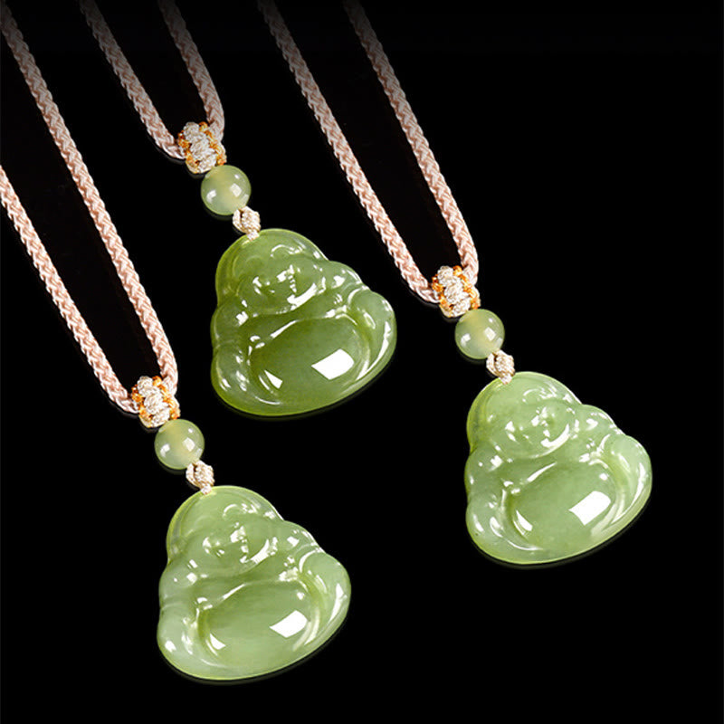 Grüne Jade Kette Lachender Buddha Anhänger Wohlstand Naturstein Grün