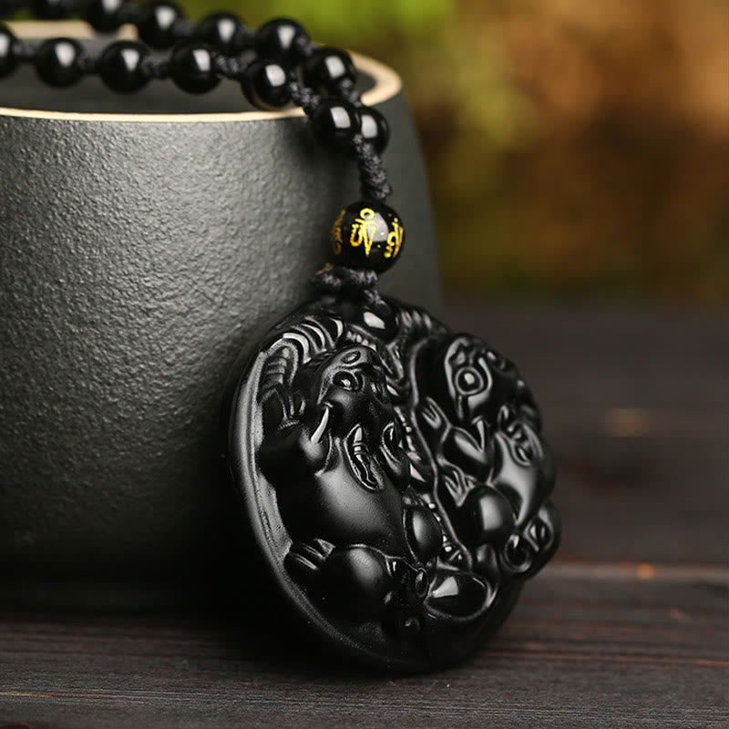 Schwarze Kette Obsidian Pixiu Anhänger mit Naturstein Perlen