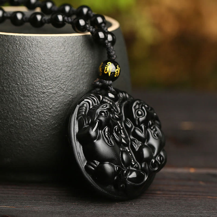 Schwarze Kette Obsidian Pixiu Anhänger mit Naturstein Perlen