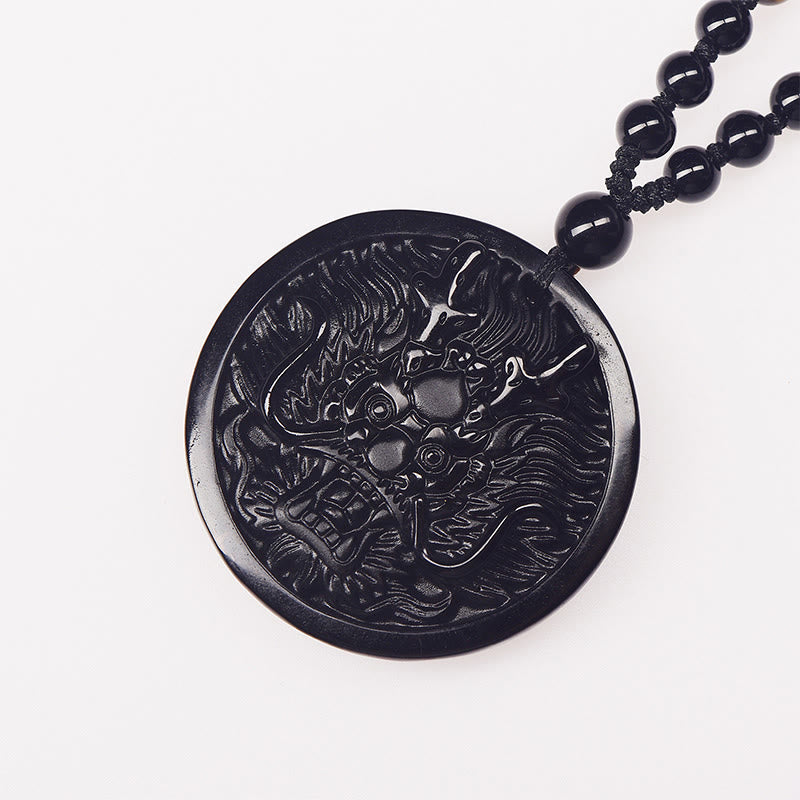 Kette Schwarzer Obsidian Drachen – Erfüllung Anhänger polierter Naturstein