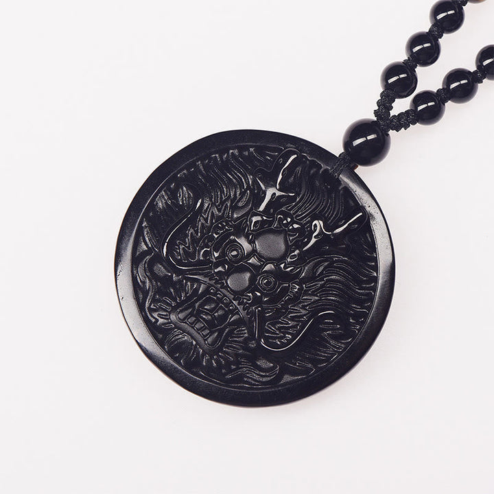 Kette Schwarzer Obsidian Drachen – Erfüllung Anhänger polierter Naturstein