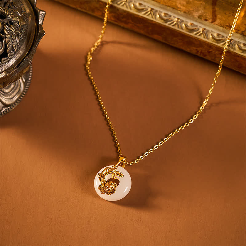Kette Hetian Jade Pfingstrose – Frieden goldene Halskette weißer Jade-Anhänger