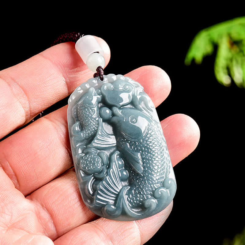 Jade Kette mit doppelten Koi-Fischen Anhänger Naturstein Wohlstand